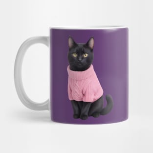 Black cat wearing pink sweater Mug